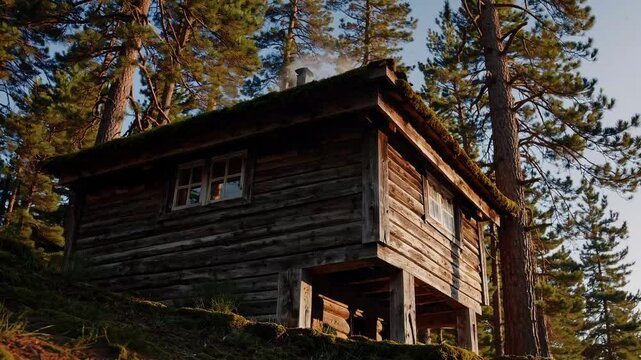 An old wooden cabin nestled at the tree line, bathed in warm afternoon glow. Smoke curls from its chimney, whispering of untold stories.

