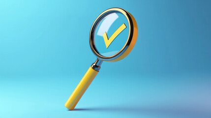 The magnifying glass and checkmark icon represent a business concept of success and verification. AI generative