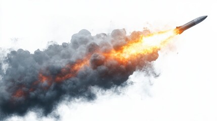 Rocket ascending through the clouds with bright flame and smoke