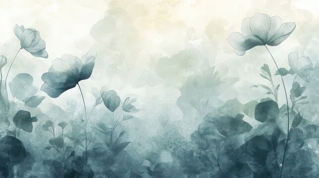 Minimalist plant background with softly shaded flowers on linen