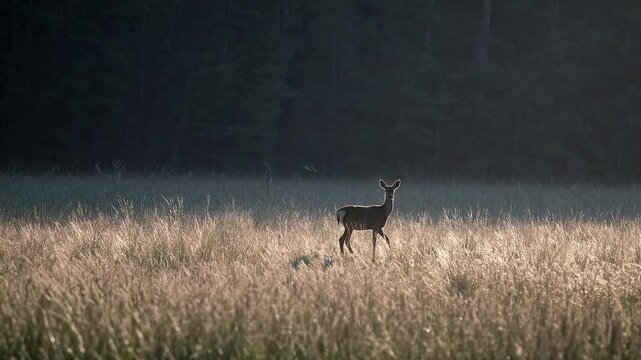 Medium shot, slow zoom reveals a lone deer standing in tall grass, bathed in soft, diffused morning light. The forest&rsquo;s dark edge behind it hints at unseen mysteries.
