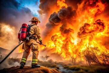 Wildfire rages, heroic firefighter confronts intense flames, resilience tested, bravery shines.