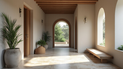 Obraz premium Coastal interior design of modern entrance hall with stone tiles wall and wooden rustic elements