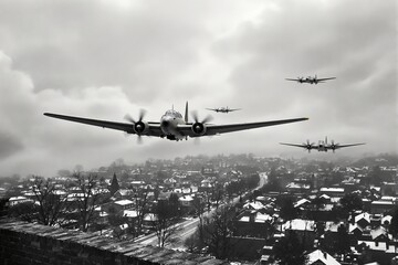 Vintage military aircraft soaring above a snow-covered town with an overcast sky in the background. A dramatic war-themed concept. Ai generative