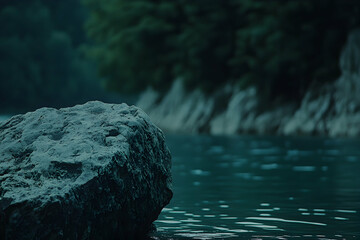 Serene landscape featuring a solitary rock at the edge of a tranquil teal river, set against a backdrop of lush, dark greenery.