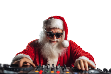 A cool old man with white beard in Santa Claus costume and sunglasses playing music, DJ