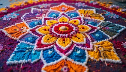 Rangoli design made of Holi powders with intricate floral patterns, celebrating Holi color festival