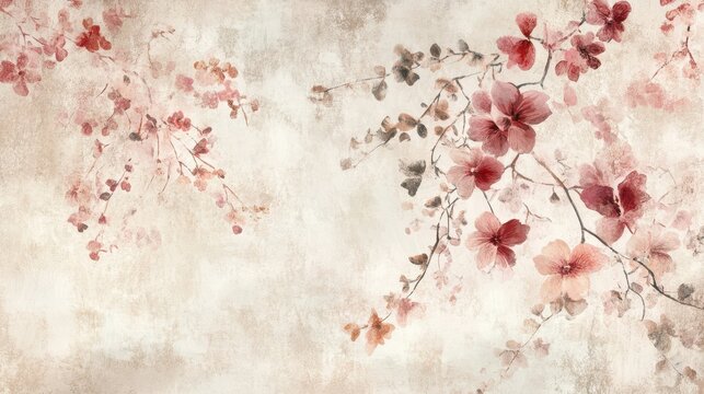 Tranquil floral backdrop with faded etchings on dusty rose hues