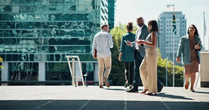 Business, people and walk for discussion in city for morning commute, journey and proposal brainstorming. Smile, man woman with conversation for travel, partnership and planning for project teamwork