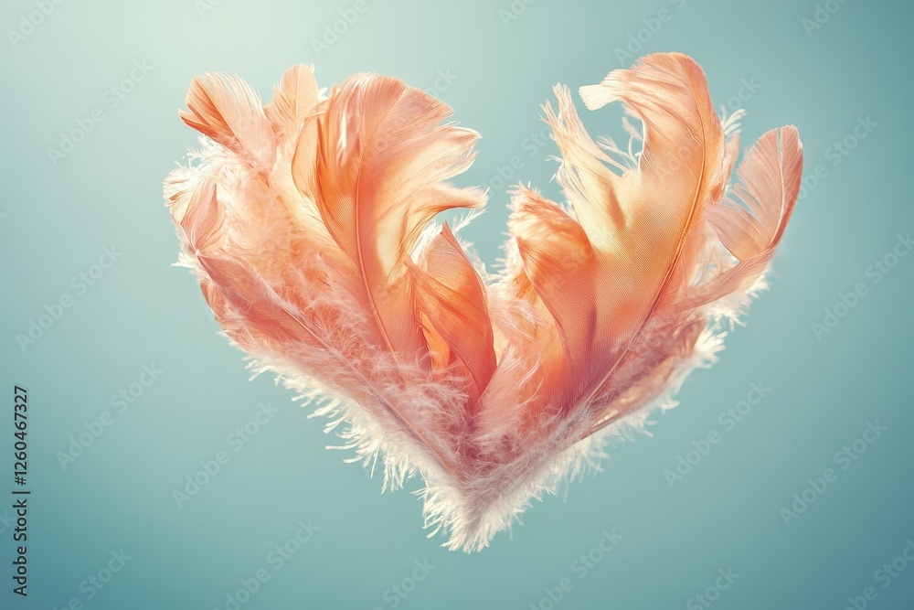 Poster abstract heart shape formed by delicate peach and orange feathers against a soft blue background