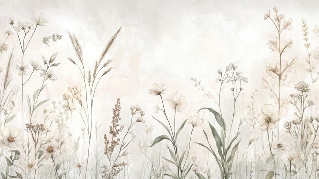Light and airy plant wallpaper with meadow grasses on parchment