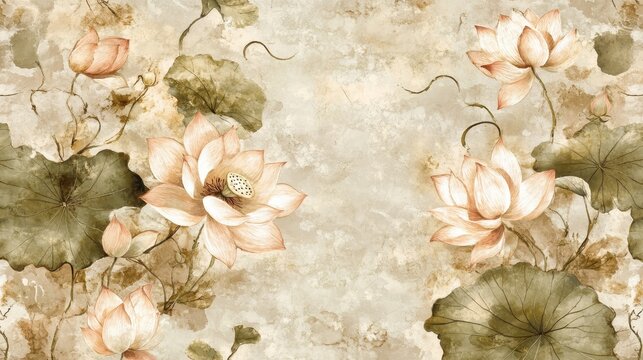 Handcrafted wallpaper with blended floral elements on neutral fabric