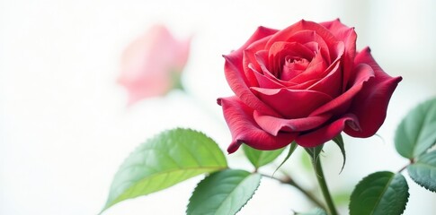 Fototapeta premium Velvet red rose, vibrant green leaves, pure white background, blossom, green, texture
