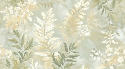 Elegant wallpaper with faded botanical swirls on soft hues
