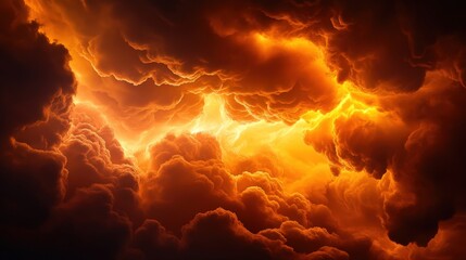 A stunning depiction of a dramatic sky filled with swirling orange storms and ominous clouds illuminated by intense lightning, showcasing the raw power of nature's fury.