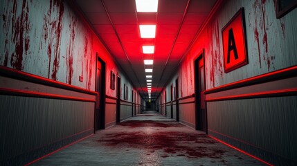 Creepy dimly lit hotel corridor with blood splatter and ominous red lighting in unsettling horror atmosphere