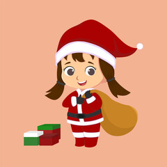 little girl in santa hat with gift