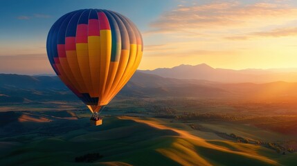 Obraz premium A vibrant hot air balloon floats gracefully above lush valleys at sunset, offering breathtaking views of the landscape below, perfect for adventure seekers and photography enthusia