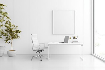 Fototapeta premium Modern office space featuring a sleek desk, chair, and minimal decor with bright natural light from large windows