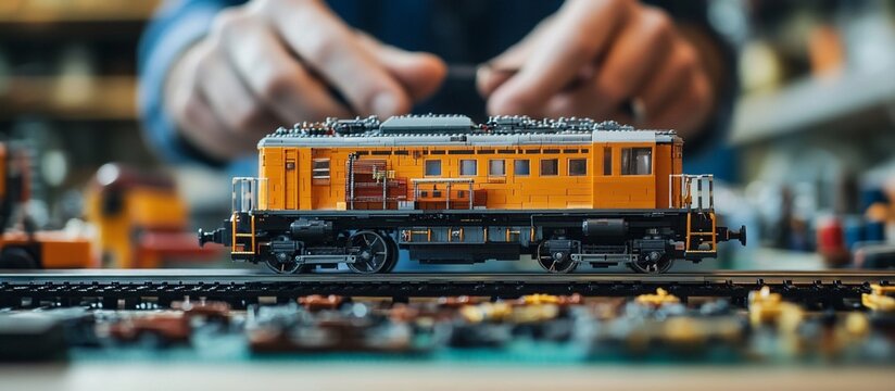 Detailed view of a person assembling a model train in a workshop filled with miniature toys