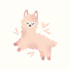 Cute fluffy llamas and alpacas with flowers isolated on a white background. Mother lama and her baby. Animal and nature-themed concept design. Vector illustration