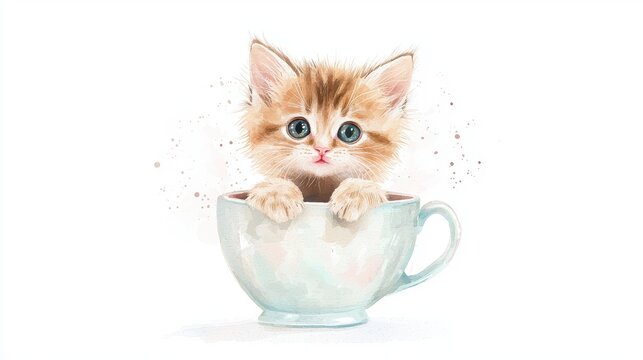 Playful Kitten Peeking from a Teacup