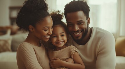 Obraz premium Joyful little girl hugging her parents in a warm, loving embrace. A bright, cozy living room with soft lighting creates an intimate, heartfelt family moment.