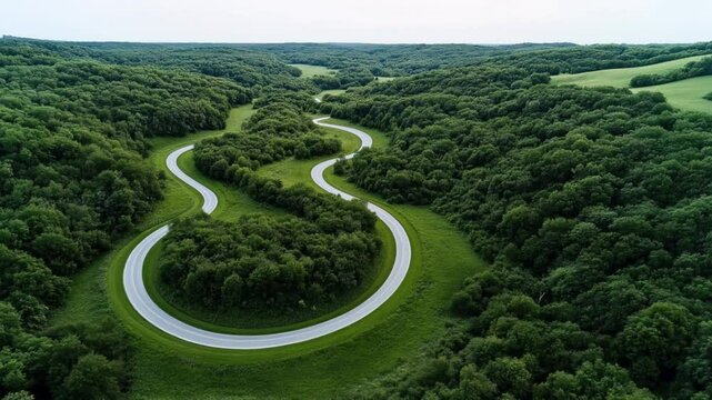 Aerial view of a winding road curving through a lush, dense green forest landscape, showcasing the natural beauty and serpentine path of the road amidst the greenery.