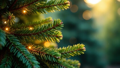 Fir tree's branches are swathed in golden garland, branches, golden