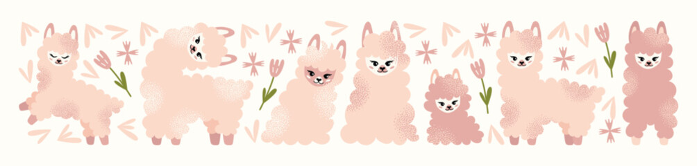 Cute fluffy llamas and alpacas set with flowers isolated on a white background. Mother lama and her baby. Animal and nature-themed concept design. Vector illustration