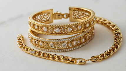 Naklejka premium Golden Jewelry: A collection of three elegant gold bracelets, featuring intricate filigree designs and sparkling gemstones, lie together on a smooth surface, exuding luxury and sophistication. 