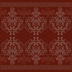 Elegant Damask Pattern with Ornate Floral Motifs and Decorative Borders. seamless design features a sophisticated blend of vintage-inspired elements and modern aesthetics