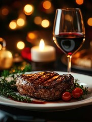 gourmet steak dinner with glass of red wine in elegant restaurant setting mood lighting