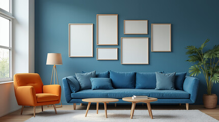 Orange armchair and blue sofa near blue wall with frames. 