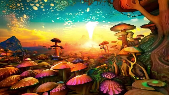 A surreal psychedelic landscape glows under a yellow light, filled with towering magic mushrooms. Trippy, hallucination visuals swirl in the air, creating a dreamlike, otherworldly atmosphere.

