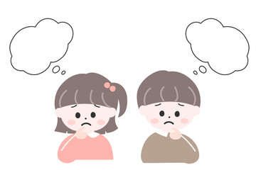 悲しい顔で悩んでいる小さな女の子と男の子のイラスト　