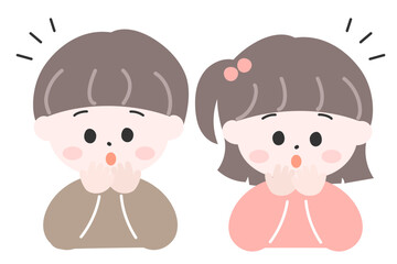 両手を口元に当てて驚いている小さな女の子と男の子のかわいいイラスト
