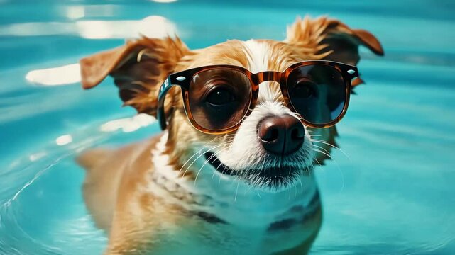 A cheerful dog floats in a bright blue pool, sporting trendy sunglasses under the warm sun. The playful atmosphere highlights a perfect summer day enjoyed by pets.