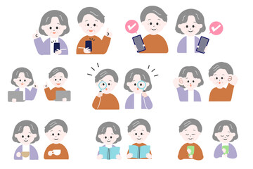 日本人の高齢女性の日常のイラストカットセット　シンプルでかわいいイラスト