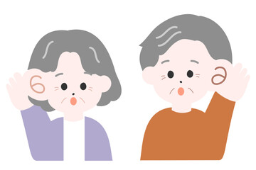 耳を澄まして話を聞く高齢の男女のイラスト