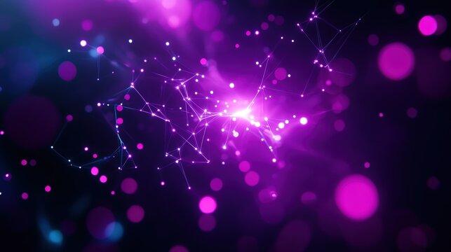 An abstract image featuring vibrant purple and blue hues, illuminated particles, and intricate connections, representing a digital universe and technological advancement.
