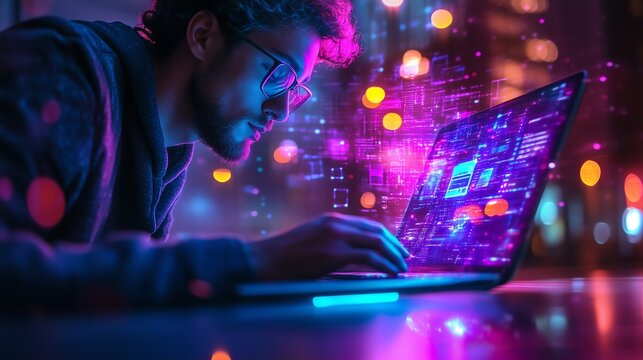 Professional using a laptop with a glowing AI assistant hologram for content generation, featuring chatbots, image creation, and translation in vibrant tech tones.