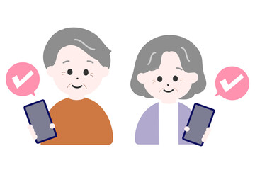 スマートフォンを持つ高齢者の男女　高齢夫婦　