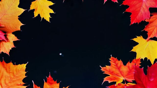 Vivid autumn leaves frame on black background. Colorful foliage. Fall season concept. For seasonal greetings, website, intro. With copy space.