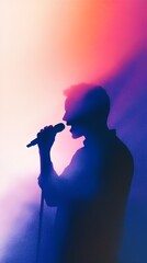 Minimalistic illustration man singing with standing microphone. vertical size