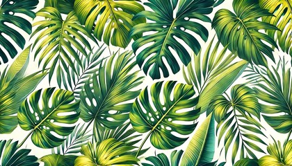 Bright tropical leaves seamless pattern featuring monstera, palm, and banana leaves in vivid greens with a hint of gold on a white background, perfect for summer-themed projects, swimwear, and prints.