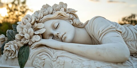 Fototapeta premium A close-up reveals an exquisite white marble statue in repose; its detailed carvings suggest a story as its head rests gently on one arm while limbs stretch elegantly across