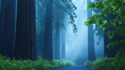 Obraz premium A serene forest scene enveloped in mist, where towering trees rise majestically. The soft light filters through the leaves, creating a calming atmosphere perfect for nature lovers.