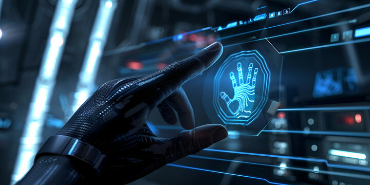 Futuristic technology hand interface scanning fingerprint on screen, Close-up of human hand interacting with digital biometric fingerprint scanner - Powered by Adobe