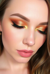 Naklejka premium Beautiful portrait highlighting vibrant gold and brown eye shadow with winged eyeliner. Perfect makeup detail focused on artistic style and elegance.
